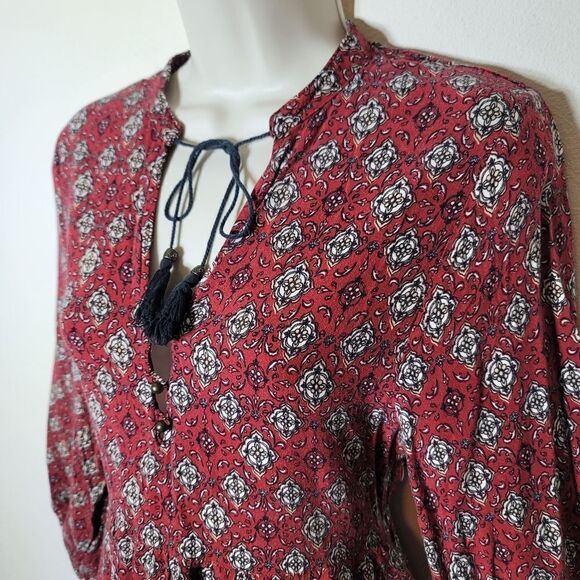 Forever 21 Red Boho Long Sleeve Tunic Dress W/ Tassels - Picture 3 of 8